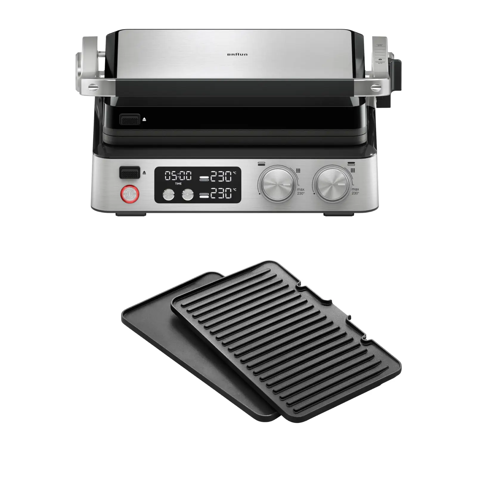 Braun MultiGrill 7 CG7040 eestvaade roostevabast terasest detailiga