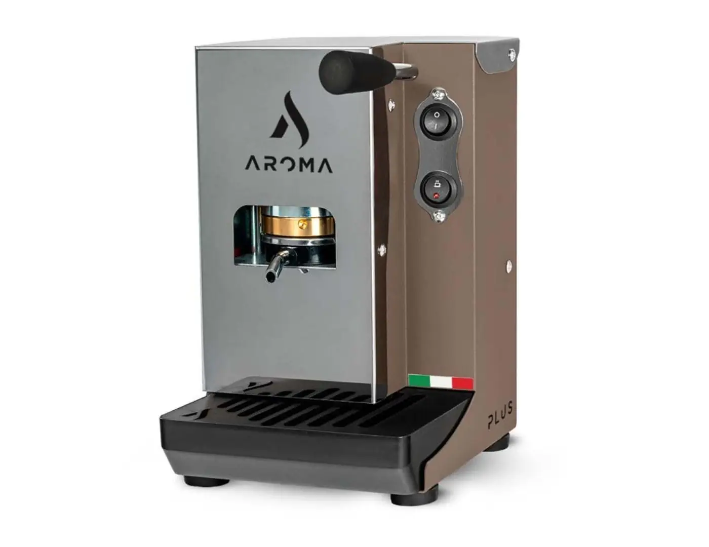 AROMA Plus 44 mm espressomasin eestvaates roostevaba korpus